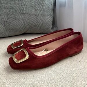 NWT Avellini Italy Suede Leather Square Toe Flats Gold Buckle Burgundy 9.5